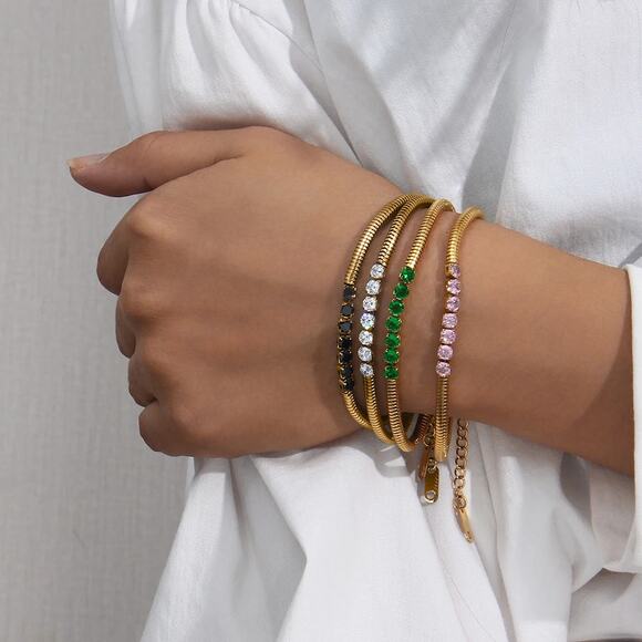 Emerald Green Zircon Snake chain Bracelet 18K Gold Plated Stainless Steel - Picture 3 of 9